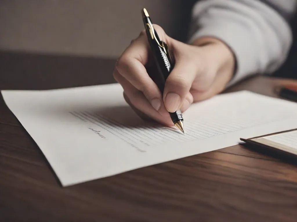 Descrição da imagem: Um close-up da mão de uma pessoa segurando uma caneta, posicionada acima de uma folha em branco. A mão está firme e confiante, pronta para começar a escrever. O fundo está desfocado, enfatizando o foco no ato de escrever.