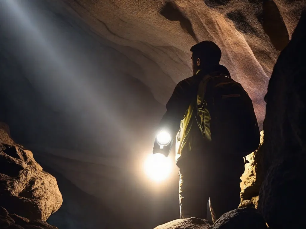 Descrição da imagem: Um close-up da mão de uma pessoa segurando uma lanterna, iluminando uma caverna escura e misteriosa. O feixe de luz ilumina o caminho à frente, simbolizando o poder das palavras para nos guiar e iluminar na escuridão do desconhecido.