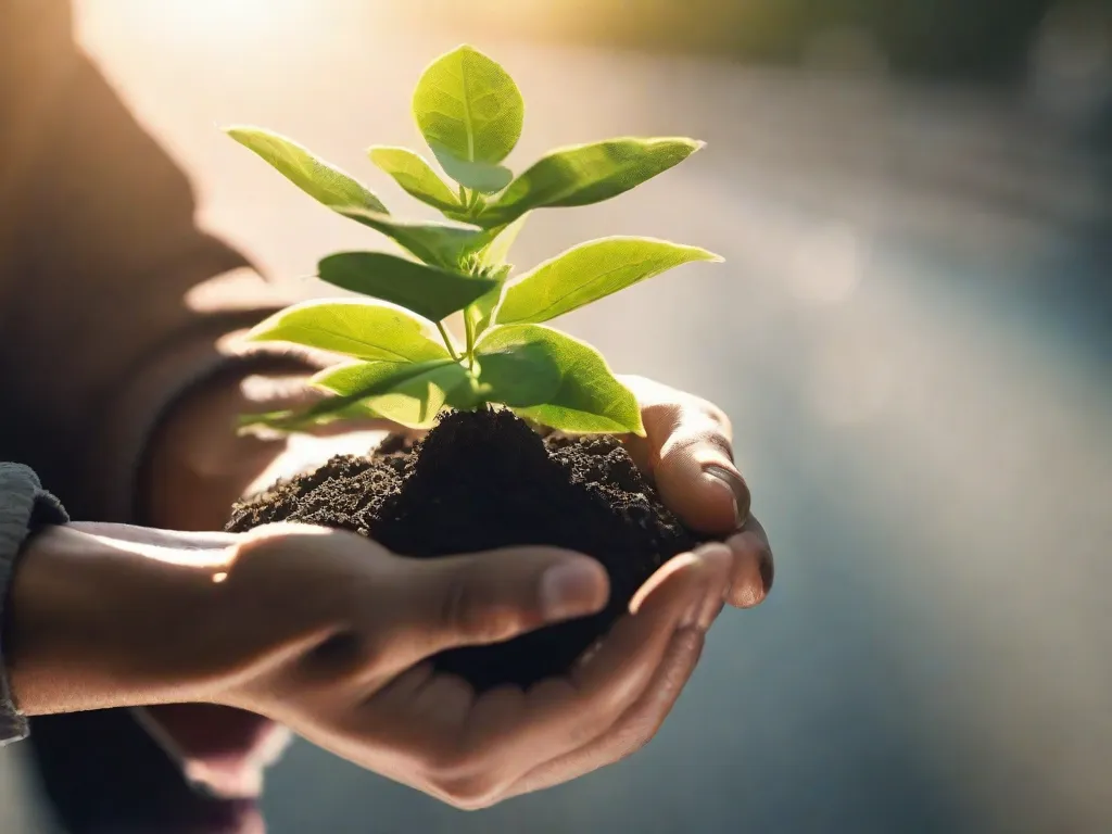 Uma imagem em close de um par de mãos segurando uma pequena planta, com a luz do sol filtrando pelas folhas. A imagem representa a ideia de crescimento e transformação, simbolizando como mudar a perspectiva pode levar ao desenvolvimento pessoal e a uma nova visão de vida.