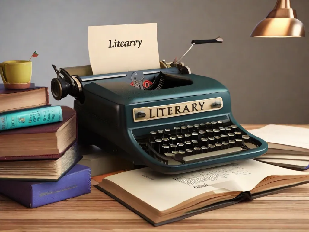 Descrição da imagem: Uma máquina de escrever antiga está sobre uma mesa de madeira, cercada por pilhas de livros antigos. As teclas da máquina de escrever estão no meio do movimento, capturando a essência da criatividade e da palavra escrita. A cena está banhada por uma iluminação suave e quente, evocando uma sensação de nostalgia e inspiração literária.