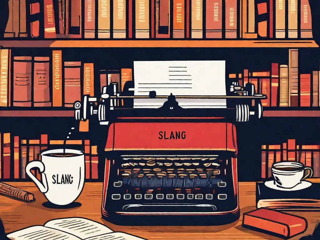 Descrição da imagem: Uma máquina de escrever antiga está sobre uma mesa de madeira, cercada por pilhas de livros e uma xícara de café fumegante. A máquina de escrever está decorada com um papel que diz 