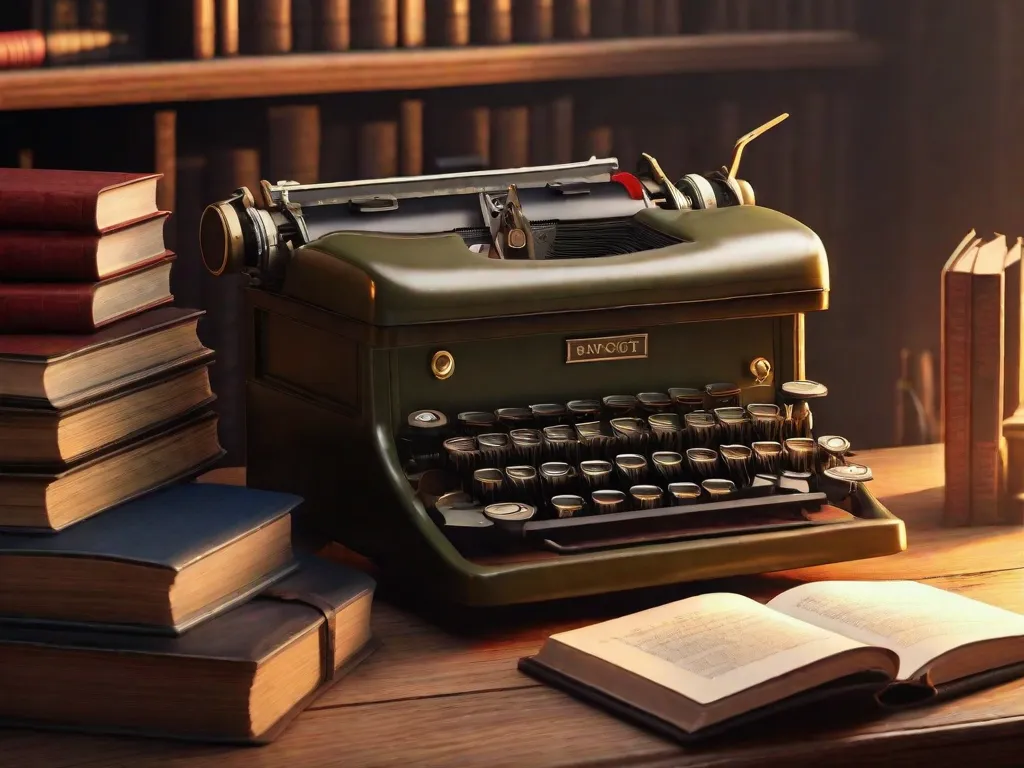 Descrição da imagem: Uma máquina de escrever antiga está sobre uma mesa de madeira, cercada por pilhas de livros antigos. As teclas da máquina de escrever estão no meio do movimento, capturando a essência da criatividade e da palavra escrita. A cena está banhada por uma iluminação suave e quente, evocando uma sensação de nostalgia e inspiração literária.