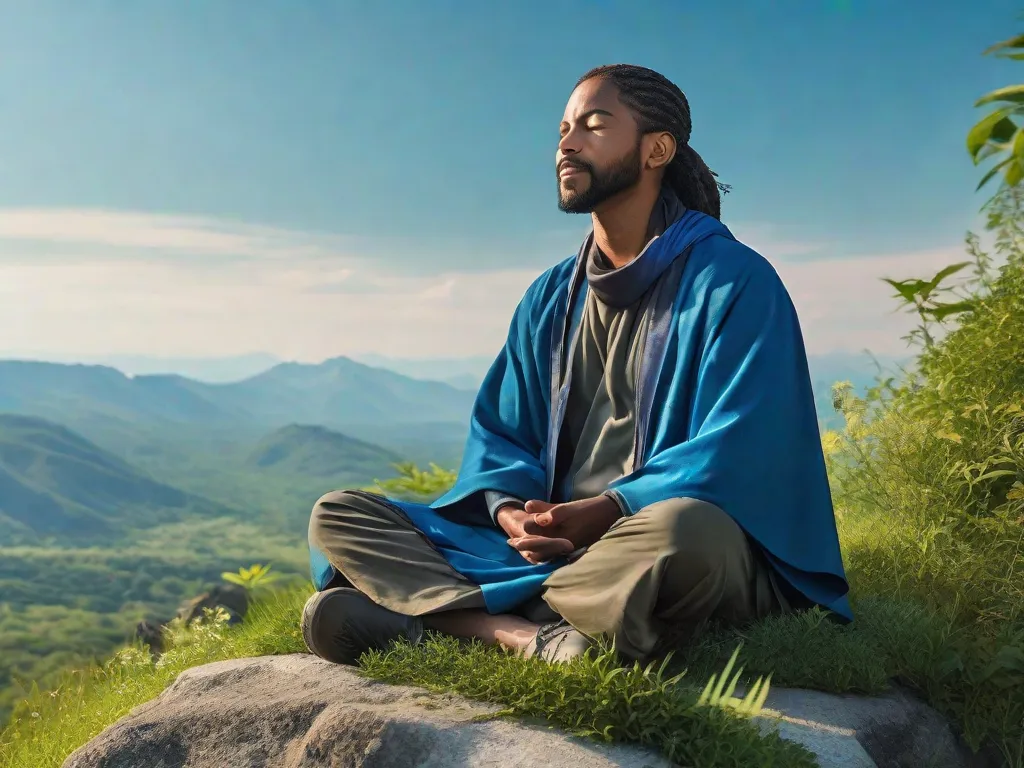 Uma imagem de uma pessoa sentada de pernas cruzadas no topo de uma montanha, cercada por vegetação exuberante e um céu azul claro. A pessoa está em profunda meditação, com os olhos fechados e uma expressão serena no rosto, simbolizando o poder da mente e seu impacto na vida de alguém.