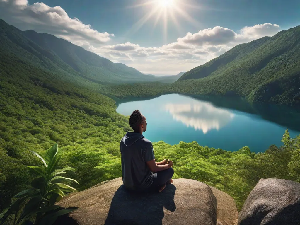Descrição: Uma imagem de uma pessoa sentada de pernas cruzadas no topo de uma montanha, cercada por vegetação exuberante e com vista para um lago sereno. A pessoa está em profunda meditação, com uma expressão calma e concentrada no rosto. Raios de sol penetram pelas nuvens, simbolizando clareza e paz de espírito.