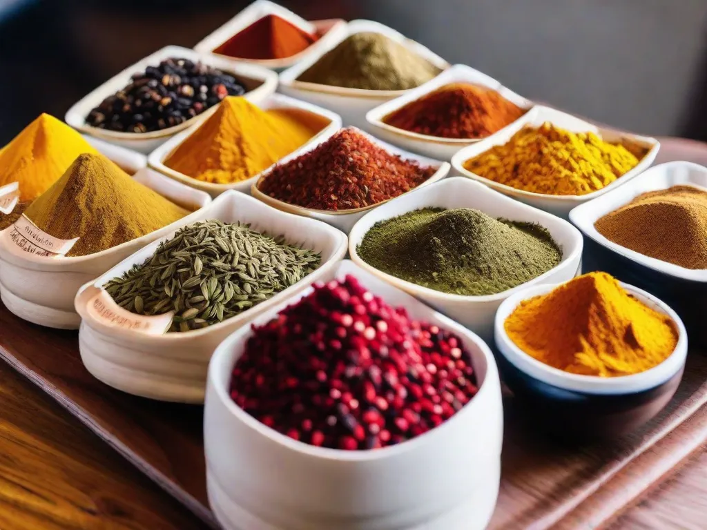Descrição da imagem: Uma foto em close-up de uma mesa lindamente arranjada, cheia de especiarias vibrantes e aromáticas de todo o mundo. As especiarias incluem frascos coloridos de cominho, açafrão, cardamomo, canela e cravo, mostrando os diversos sabores que podem ser encontrados nas culinárias exóticas.