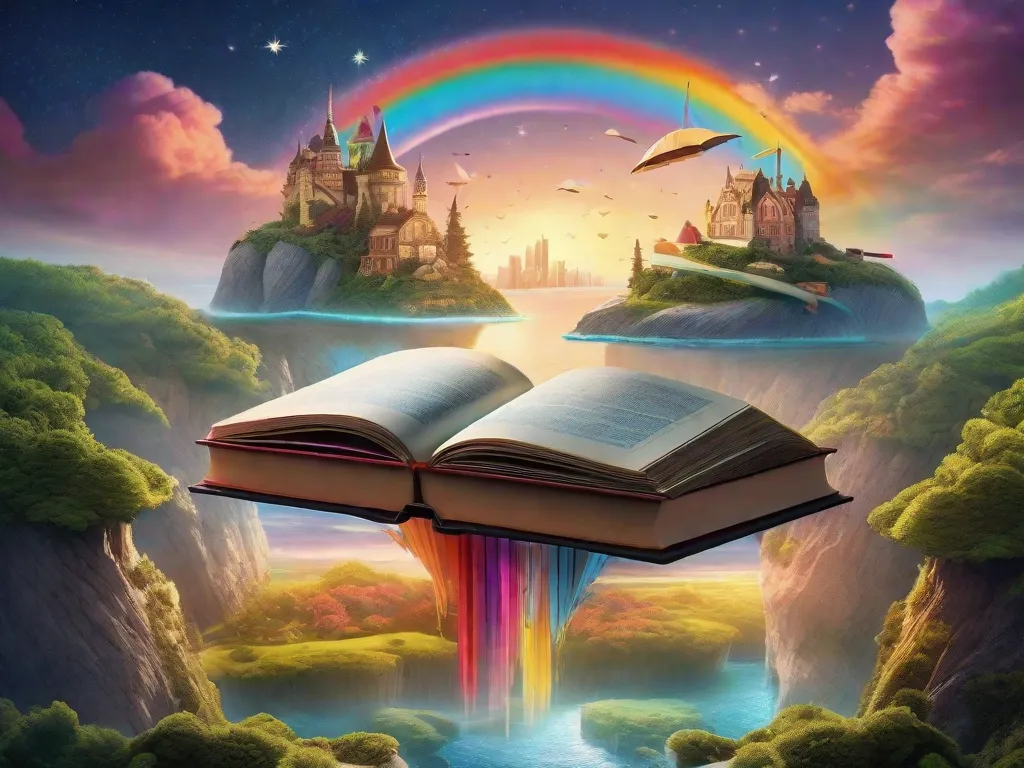 Descrição da imagem: Uma paisagem surreal com ilhas flutuantes feitas de livros, cada uma representando uma utopia literária diferente. As ilhas estão conectadas por pontes coloridas como um arco-íris, simbolizando o poder imaginativo e transformador da literatura. O céu está cheio de cores vibrantes e estrelas, refletindo as possibilidades ilimitadas do mundo literário.