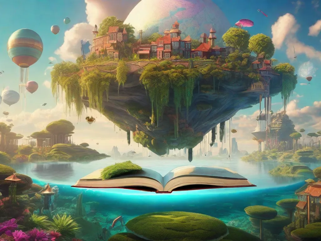 Descrição da imagem: Uma paisagem surreal emerge das páginas de um livro, com montanhas imponentes feitas de palavras e rios fluindo com tinta. Personagens de diferentes obras literárias estão juntos, representando os diversos mundos utópicos de onde vêm. A imagem captura o poder da imaginação e a habilidade da literatura em desafiar a realidade.