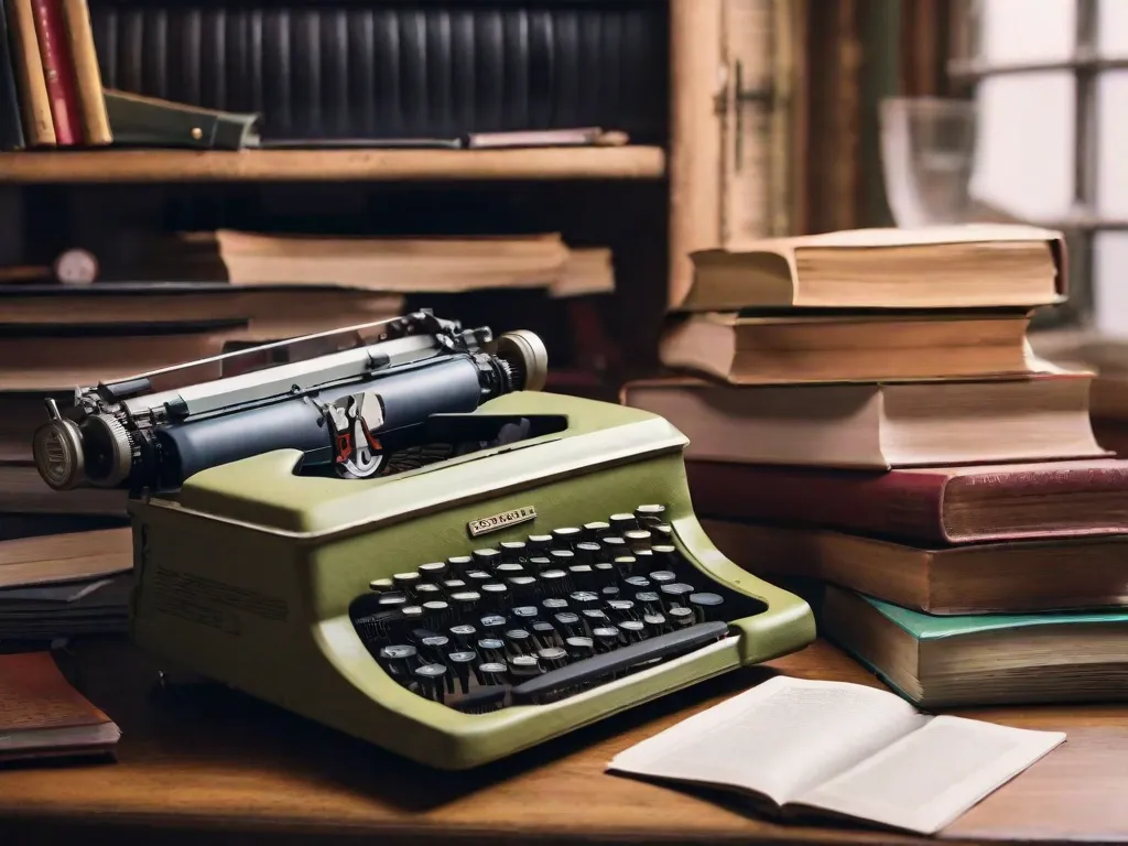 Uma imagem em close-up de uma máquina de escrever desgastada, cercada por uma pilha de livros. Os livros incluem clássicos como 