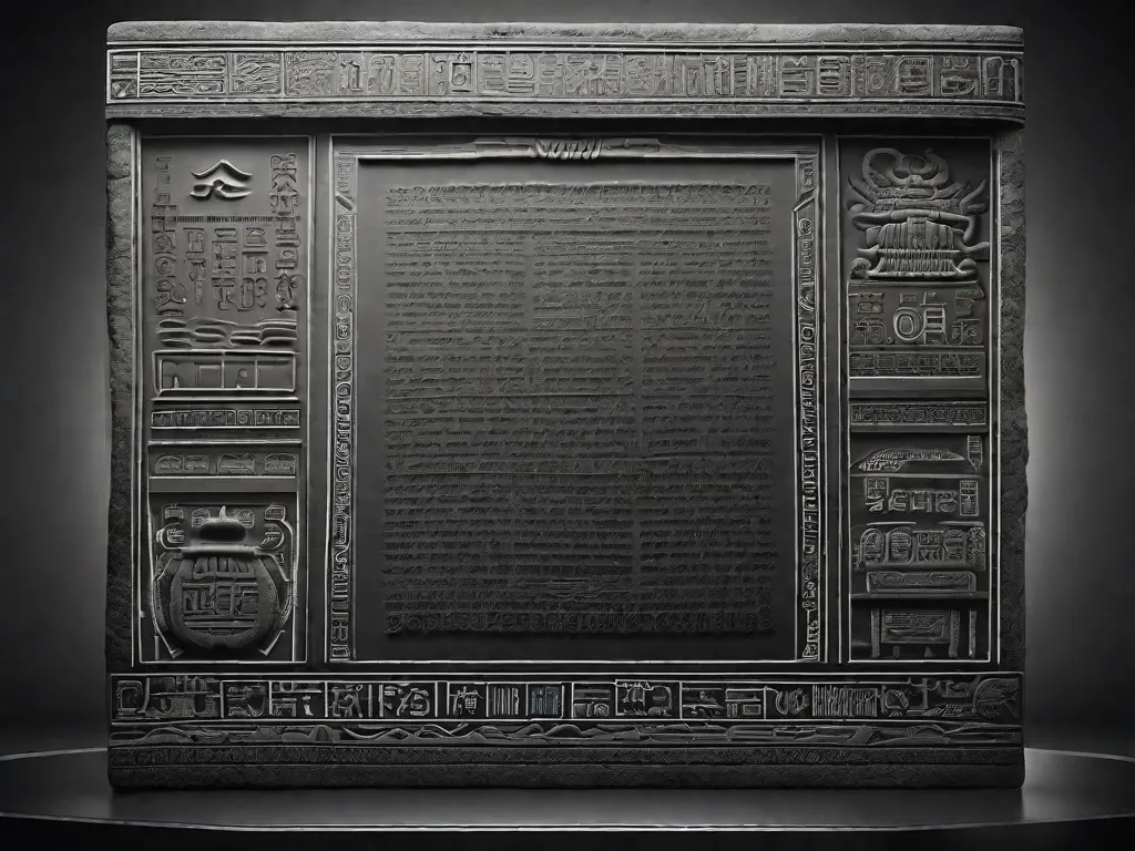 Uma imagem em preto e branco de uma antiga placa de pedra com hieróglifos intricados esculpidos em sua superfície. A placa é iluminada por um feixe de luz, destacando os detalhes intricados da escrita, simbolizando a rica história e evolução dos sistemas de escrita ao longo do tempo.