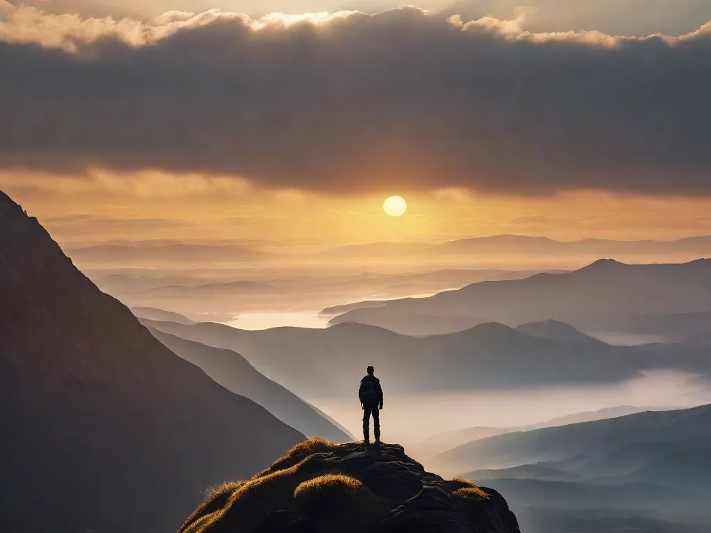 Descrição: Uma imagem de uma figura solitária em pé no topo de uma montanha, observando uma paisagem vasta e serena. A silhueta da pessoa está banhada em luz dourada, simbolizando a beleza e o potencial da vida. Essa imagem encoraja uma contemplação profunda e reflexão sobre o significado e propósito de nossa existência.