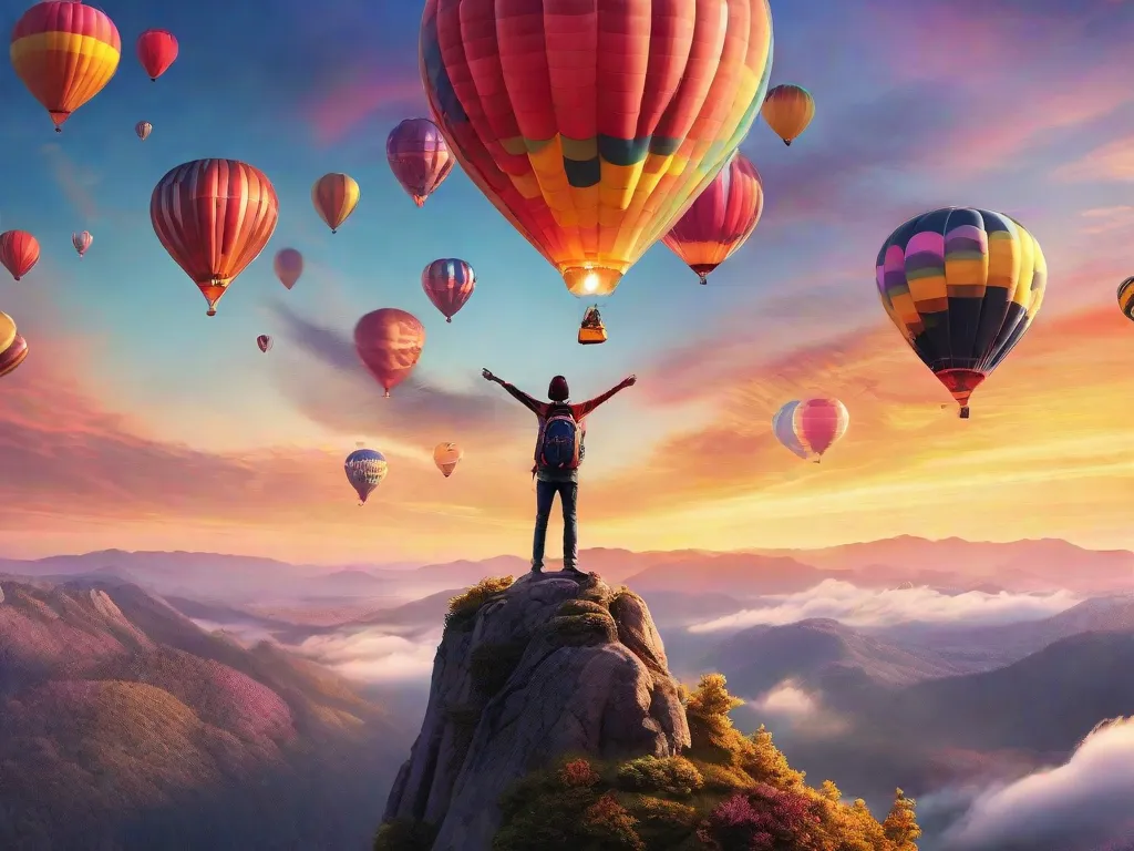 Uma imagem vibrante de uma pessoa em pé no topo de uma montanha, braços estendidos, cercada por um pôr do sol deslumbrante. A pessoa está rodeada por uma variedade colorida de balões de ar quente flutuando no céu, simbolizando as possibilidades ilimitadas e a liberdade de explorar novos horizontes.