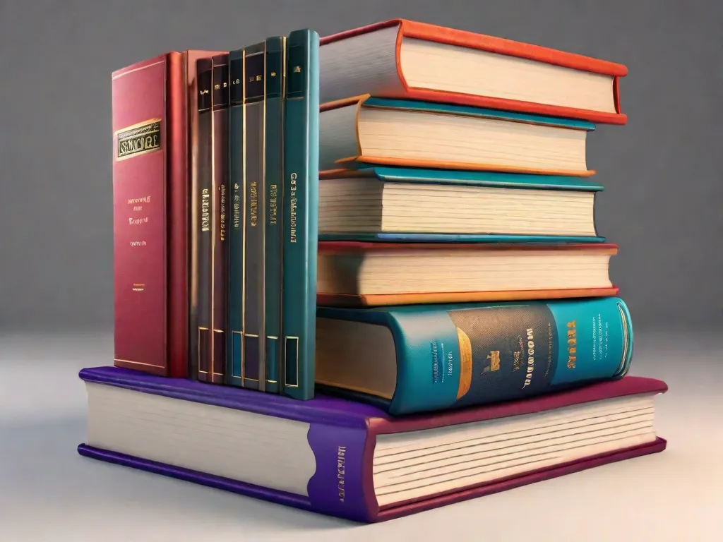 Descrição da imagem: Uma pilha de dez livros com capas coloridas, dispostos de forma organizada e arrumada. Cada livro tem um título único escrito em sua lombada, representando um gênero ou tema diferente. Os livros estão cercados por uma luz suave e quente, criando uma atmosfera convidativa para os leitores.