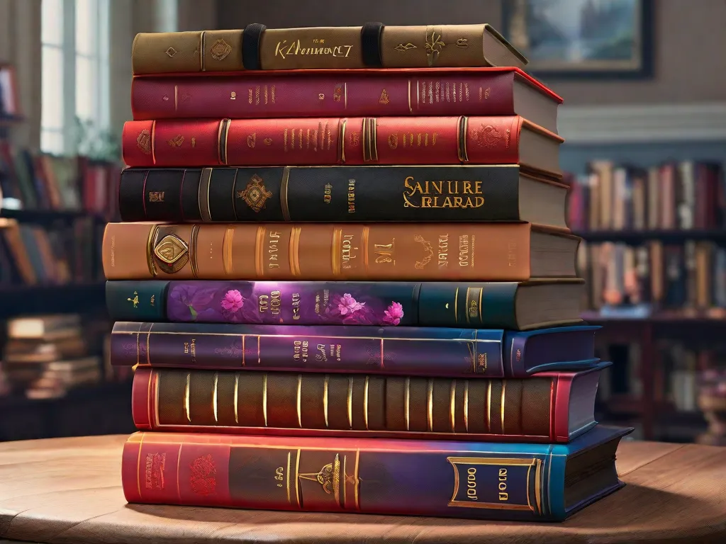 Descrição da imagem: Uma pilha de 21 livros de fantasia com capas vibrantes e cativantes, dispostos de forma a exibir seus títulos. Os livros variam de aventuras épicas a reinos mágicos, cada um prometendo transportar os leitores para um mundo cheio de imaginação e maravilha.