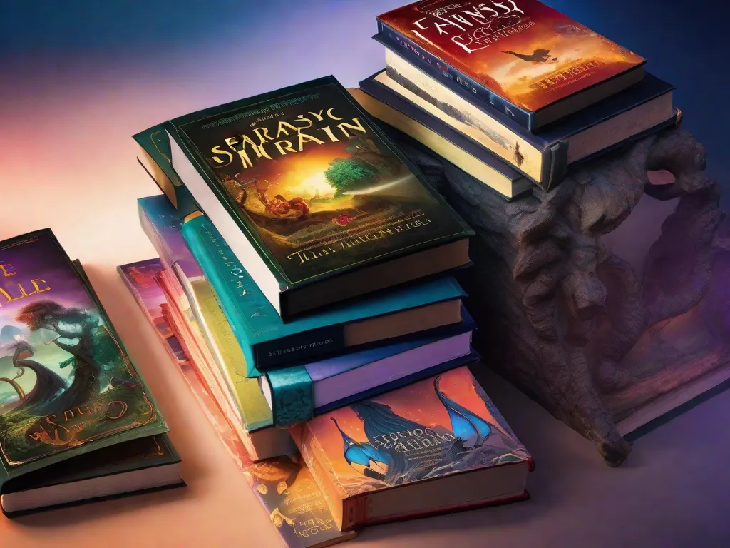 Descrição da imagem: Uma estante hipnotizante cheia de 21 romances de fantasia. Cada livro possui uma capa única e intricada, retratando criaturas míticas, paisagens encantadas e batalhas épicas. Os livros parecem emitir um brilho mágico, convidando os leitores a embarcar em aventuras extraordinárias e explorar reinos fantásticos.