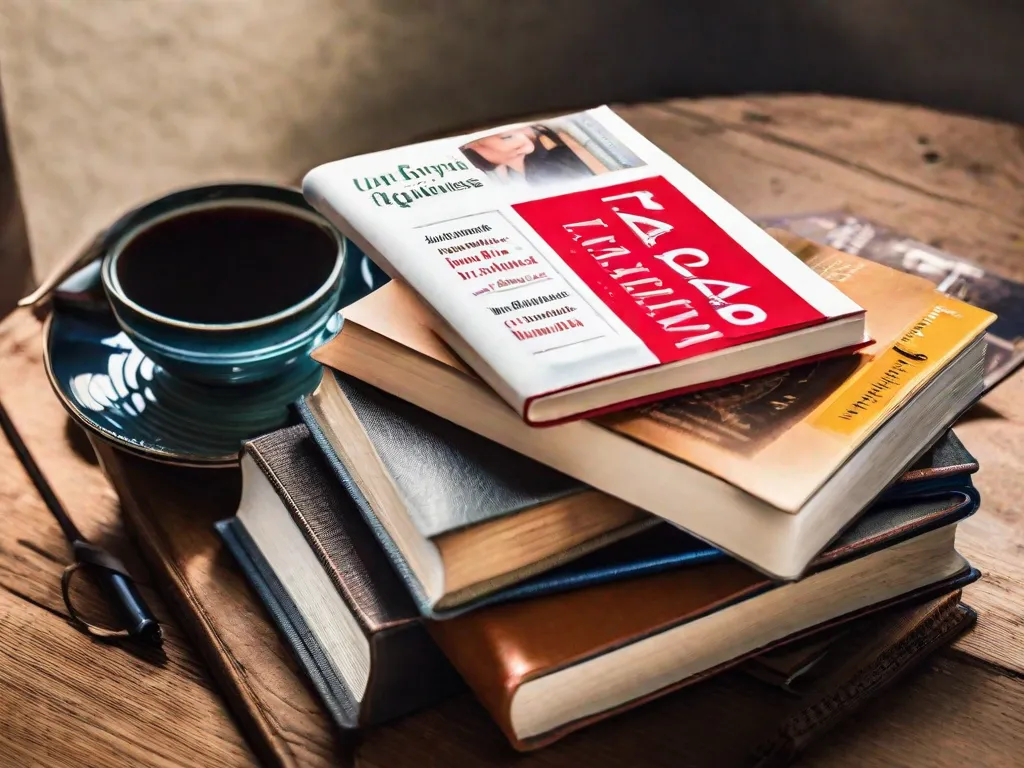 Descrição da imagem: Um close-up de uma pilha de livros em cima de uma mesa de madeira. Os títulos estão visíveis: 