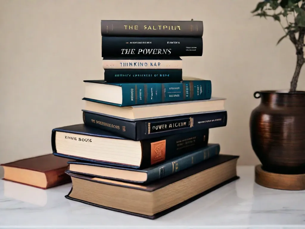 Descrição da imagem: Uma pilha de sete livros, cada um representando um gênero e tema diferente. Os livros incluem títulos como