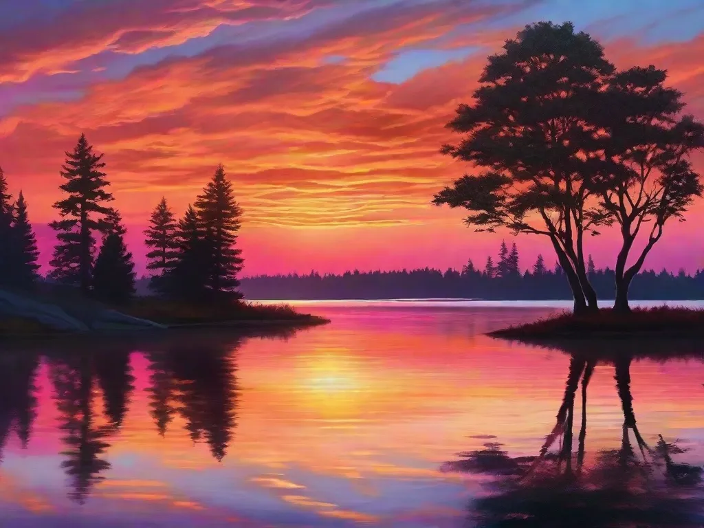 Tema: Beleza da Natureza

Descrição: Um pôr do sol de tirar o fôlego sobre um lago sereno, com tons vibrantes de laranja e rosa pintando o céu. O reflexo das nuvens coloridas cria um efeito espelhado na água calma, enquanto as silhuetas das árvores adicionam um toque de tranquilidade à cena.