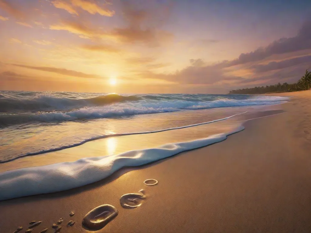 Uma imagem de uma praia serena ao pôr do sol, com ondas suaves batendo na costa. Os tons dourados do céu e a atmosfera tranquila convidam à contemplação, encorajando os espectadores a refletir sobre a beleza, fragilidade e natureza passageira da vida.