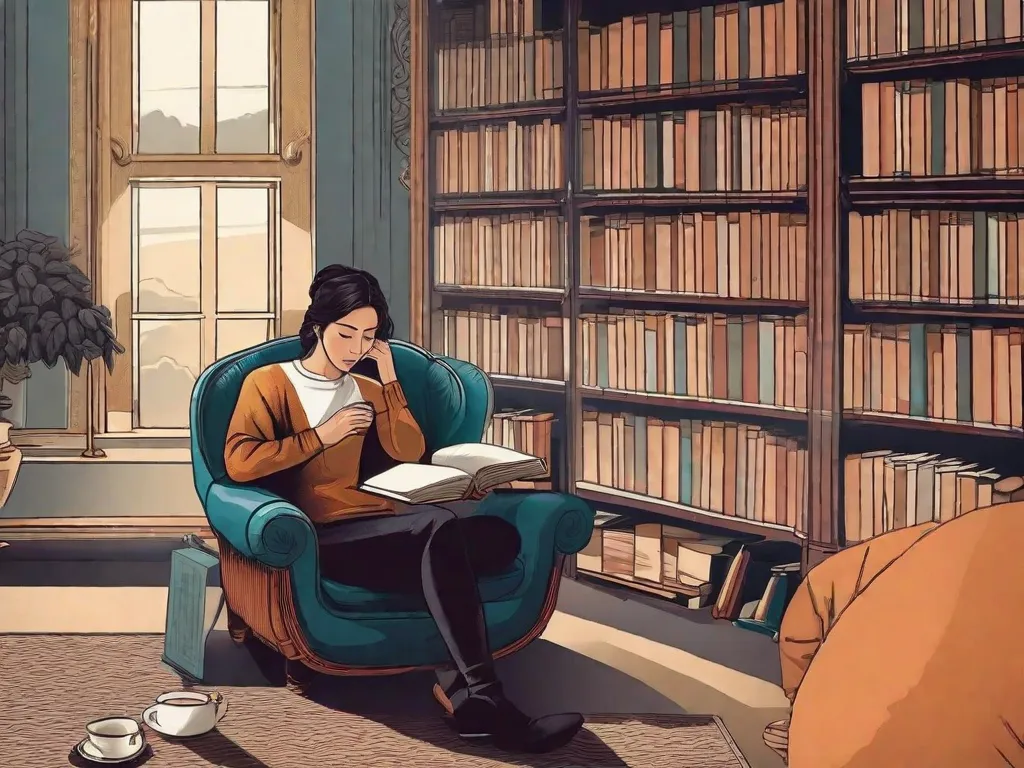 Descrição: Uma imagem de uma pessoa sentada em uma sala tranquila, cercada por livros e uma xícara de chá. A pessoa está mergulhada em pensamentos profundos, com a mão no queixo, refletindo sobre as complexidades da vida. A imagem representa o poder da mente e seu impacto na formação da vida de alguém.