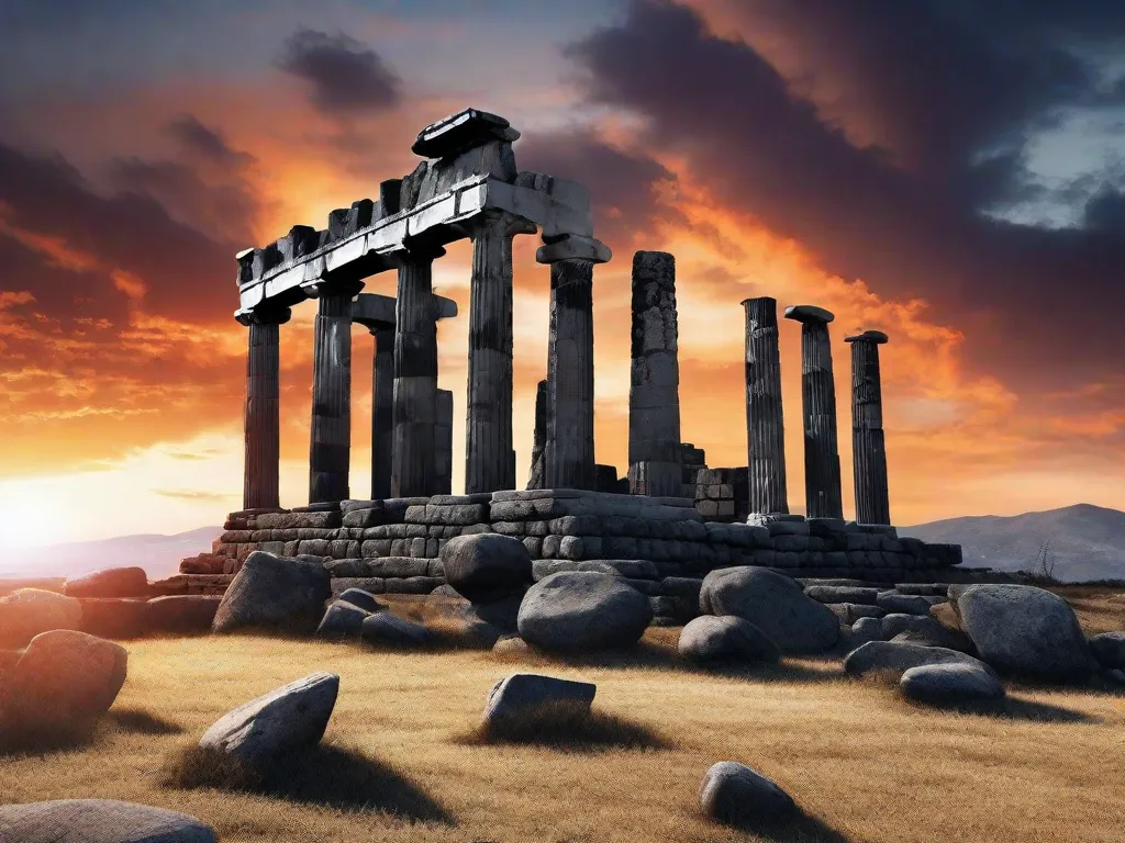 Uma fotografia em preto e branco de ruínas antigas se destaca contra um céu de pôr do sol vívido. As colunas em ruínas e as pedras desgastadas evocam uma sensação de mistério e intriga, transportando o espectador para uma época anterior à mitologia grega, onde contos e lendas ainda estavam por nascer.