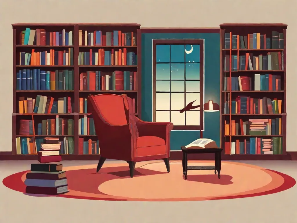 Descrição da imagem: Um quarto com pouca iluminação, com uma poltrona aconchegante colocada ao lado de uma estante alta e transbordante de livros. As prateleiras estão cheias de livros de tamanhos e cores diferentes, criando uma exibição visual cativante. Uma pequena luminária de leitura ilumina o livro aberto na poltrona, convidando o espectador