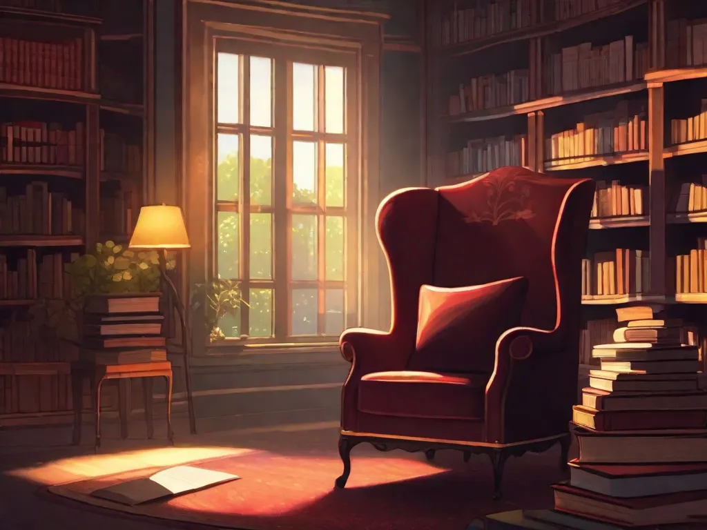 Imagem: Um quarto levemente iluminado com uma poltrona aconchegante perto de uma janela. A poltrona está cercada por pilhas de livros, cada um irradiando uma luz suave. A luz do sol que entra pela janela ilumina as páginas, criando uma atmosfera mágica. Ela convida o espectador a mergulhar no poder das palavras e embarcar em uma jorn