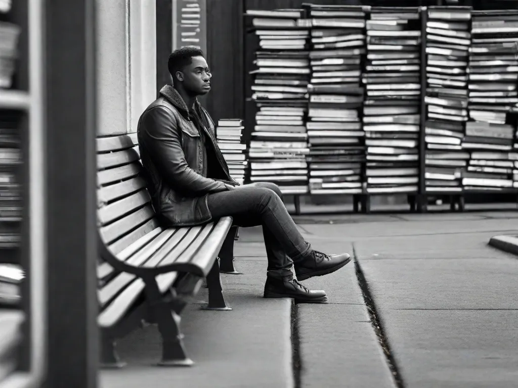 Uma imagem em preto e branco de uma pessoa sentada sozinha em um banco de parque, cercada por pilhas imponentes de livros. A pessoa está mergulhada em pensamentos, com uma expressão contemplativa no rosto, simbolizando o profundo impacto que esses livros têm em sua compreensão da natureza humana.