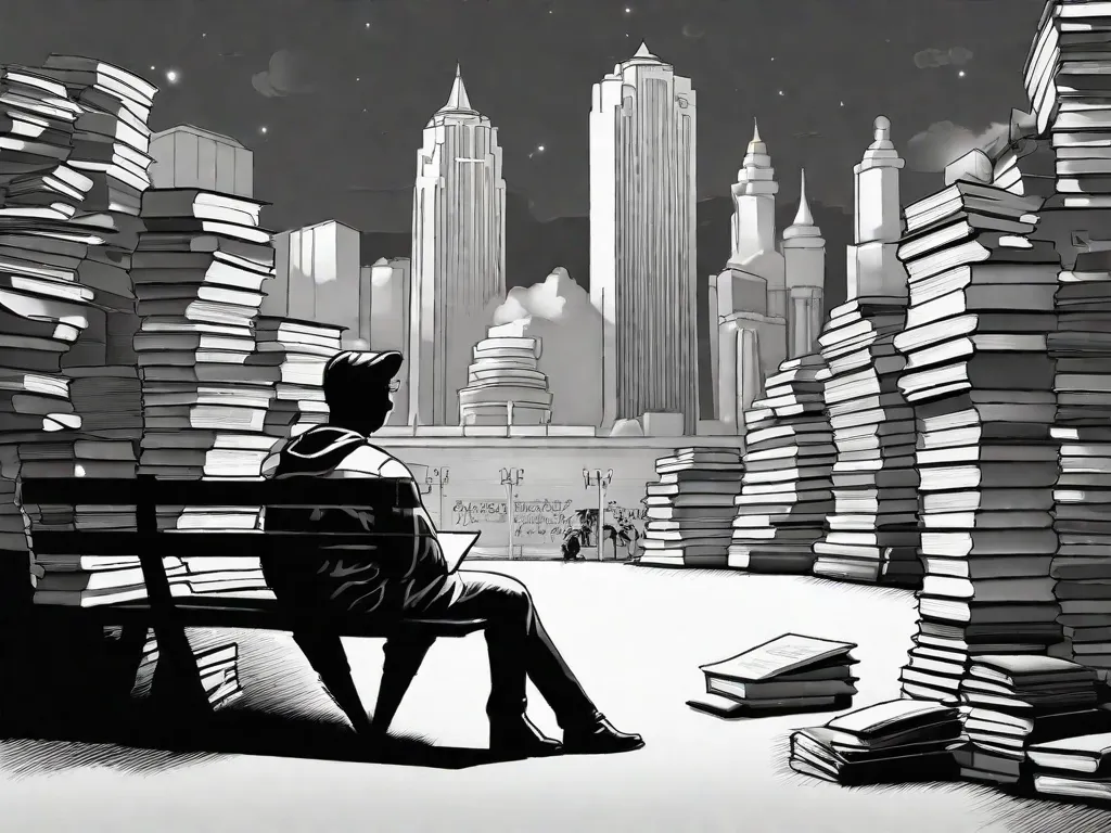 Uma imagem em preto e branco de uma pessoa sentada sozinha em um banco de parque, cercada por pilhas imponentes de livros. O rosto da pessoa é contemplativo, refletindo a profundidade de pensamentos e emoções que os livros sobre a natureza humana têm inspirado. A imagem captura o poder da literatura para provocar introspecção e exploração de nossa própria humanidade.