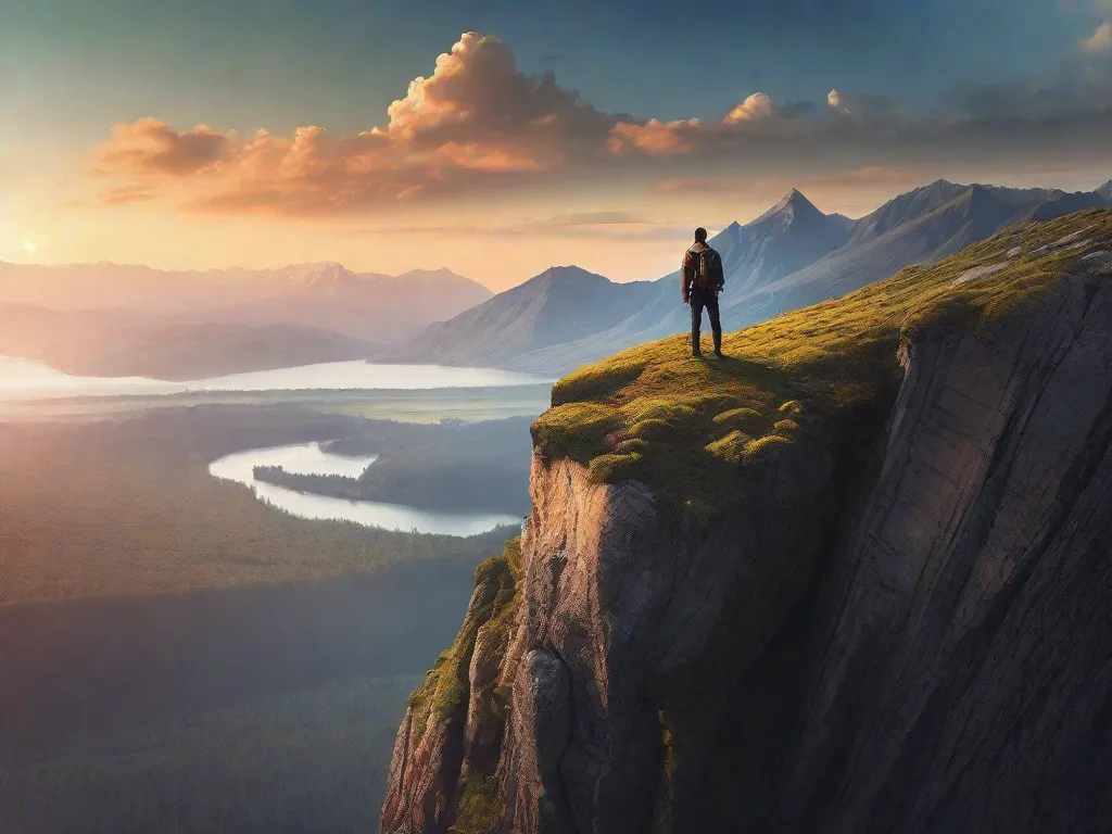 Tema: Superando medos
Descrição: Uma imagem de uma pessoa em pé na beira de um penhasco, de costas para a câmera. Eles estão olhando para uma paisagem vasta e deslumbrante de montanhas e vales. A linguagem corporal da pessoa exala determinação e coragem, simbolizando o ato de superar medos e abraçar novos desafios.