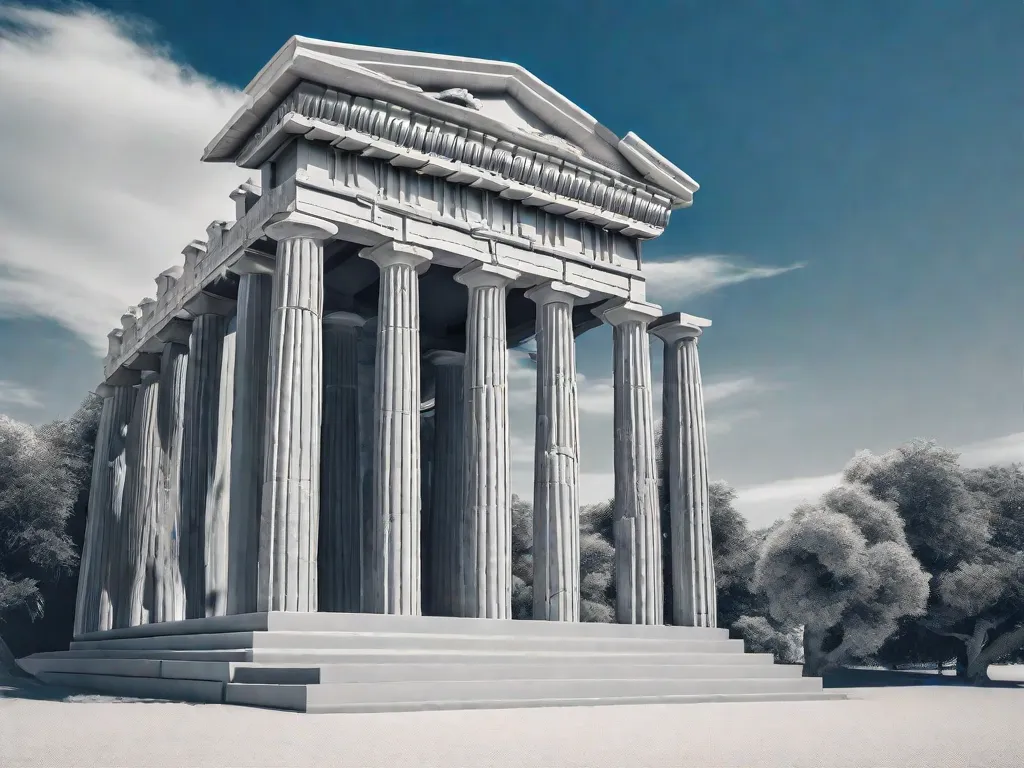 Uma fotografia em preto e branco de ruínas antigas se destaca contra um céu de pôr do sol vívido. As colunas em ruínas e as pedras desgastadas evocam uma sensação de mistério e intriga, transportando o espectador para uma época anterior à mitologia grega, onde contos e lendas ainda estavam por nascer.