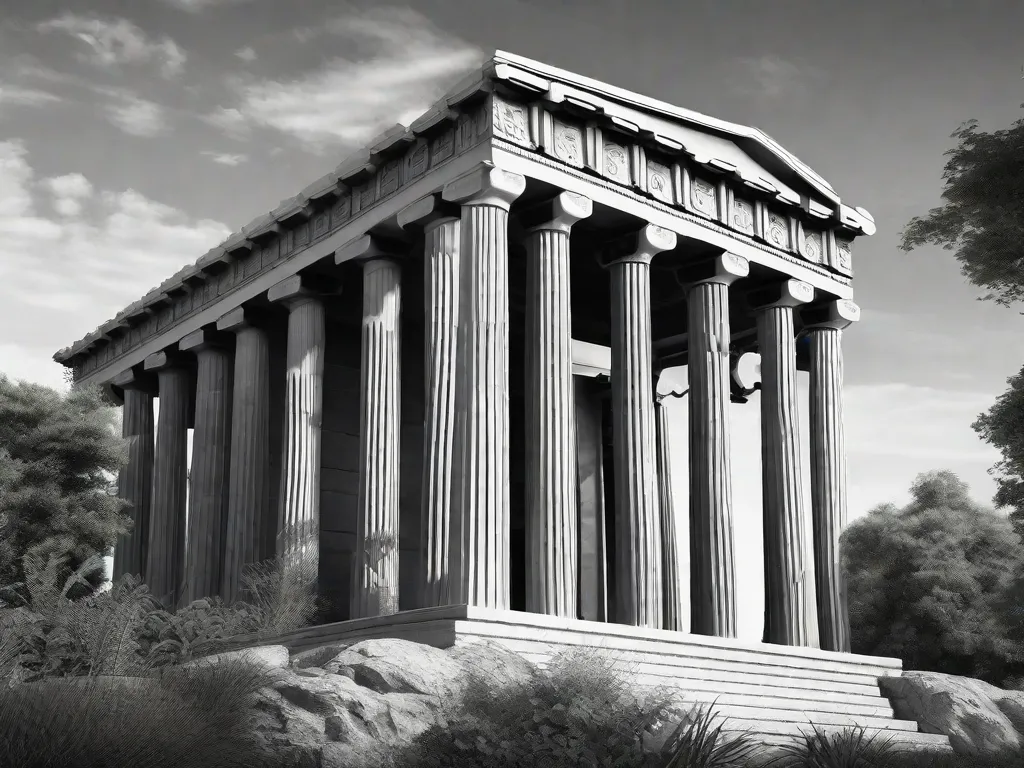 Uma imagem em preto e branco de um antigo templo grego cercado por vegetação exuberante. O templo ergue-se imponente, com entalhes intricados e colunas, representando a rica história e mitologia da Grécia antiga. A imagem captura o mistério e a grandiosidade da época