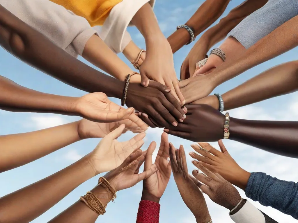 Uma imagem em close de mãos diversas se estendendo uma em direção à outra, simbolizando união, diversidade e o poder da conexão humana. As mãos são de diferentes idades, raças e gêneros, mostrando a beleza da individualidade e a força que vem de se unir como um só.