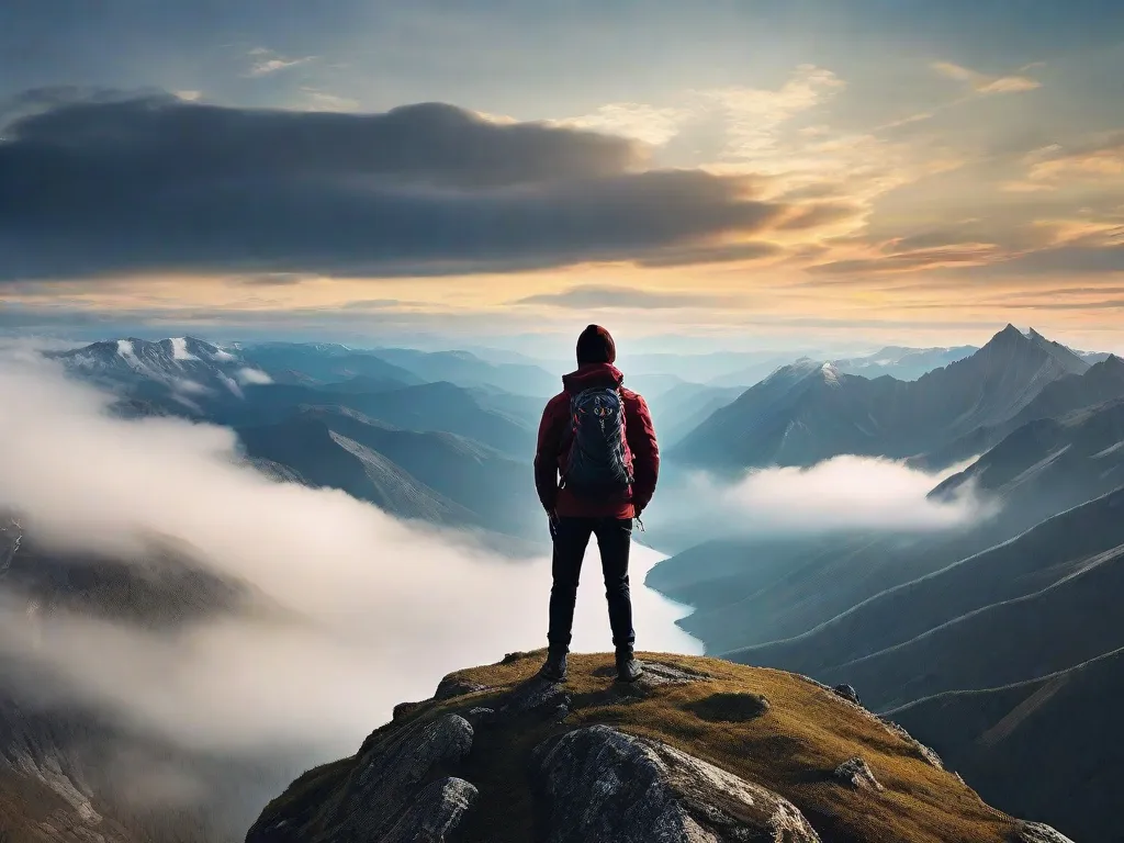 Uma foto de uma pessoa em pé no topo de uma montanha, olhando para uma vista deslumbrante. Os braços da pessoa estão erguidos em triunfo, simbolizando sua nova perspectiva sobre a vida e a capacidade de superar desafios. A imensidão da paisagem representa as infinitas possibilidades que surgem com uma perspectiva alterada.