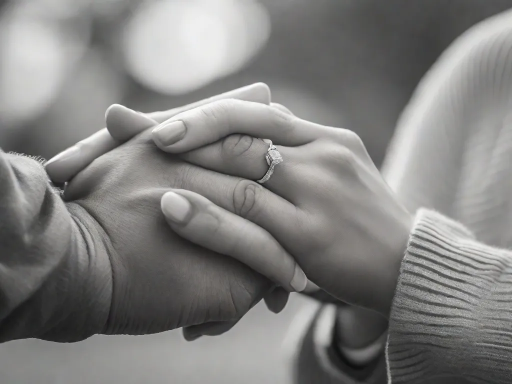 Descrição da imagem: Um close de duas mãos entrelaçadas, mostrando a conexão delicada e apaixonada entre duas pessoas. Os dedos estão suavemente entrelaçados, simbolizando o vínculo emocional profundo e o amor compartilhado entre elas. O fundo está desfocado, enfatizando o foco no gesto romântico.