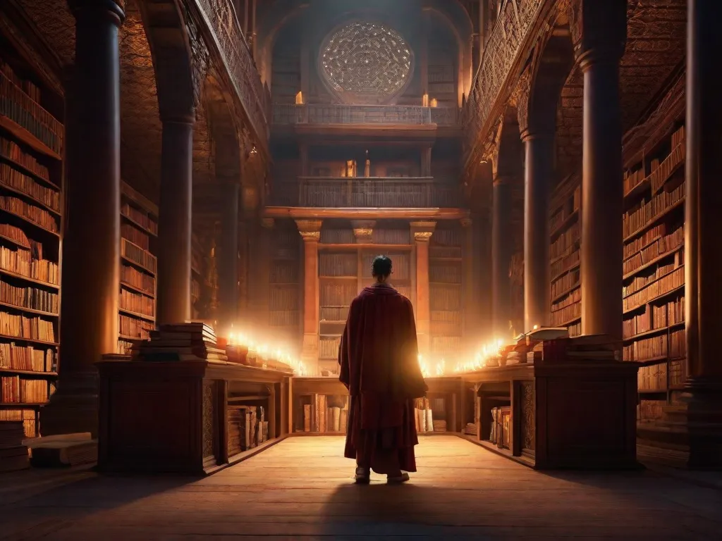 Uma estante mística repleta de tomos antigos, cada um adornado com símbolos intricados e capas de couro desgastadas. Partículas de poeira dançam no feixe de luz, como se estivessem guardando os segredos dentro deles. Esses livros guardam a chave para desvendar a sabedoria perdida dos antigos deuses.