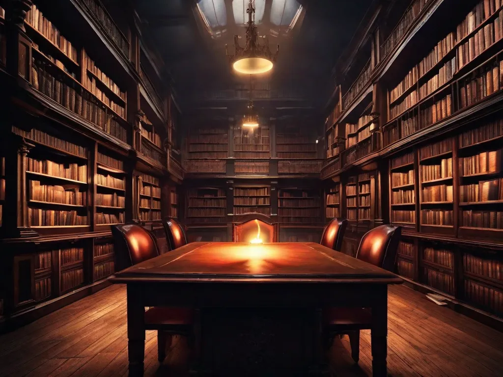 Uma imagem assustadora de uma biblioteca fracamente iluminada, com prateleiras cheias de livros de aparência sinistra. A atmosfera é arrepiante, com uma única vela tremeluzindo e lançando sombras longas nas cadeiras de couro desgastadas. Os títulos dos livros fazem arrepiar a espinha, prometendo noites sem dormir e um terror arrepi