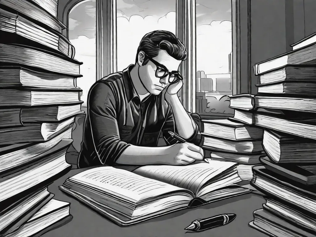 Descrição da imagem: Uma fotografia em preto e branco de uma pessoa sentada em uma mesa, cercada por pilhas de livros. A pessoa está pensativa, com uma caneta na mão, enquanto escreve sua própria biografia impactante. A imagem representa o poder da narrativa e a capacidade das biografias de inspirar e deixar um impacto duradouro nos leitores.