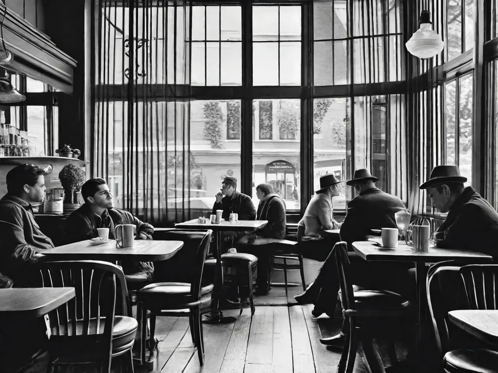 Uma imagem em preto e branco de um café lotado, com pessoas sentadas em pequenas mesas, envolvidas em conversas profundas. No meio do burburinho, uma figura solitária fica perto da janela, perdida em pensamentos, com uma xícara de café na mão. A imagem captura a essência da natureza introspectiva e contemplativa de Pessoa.