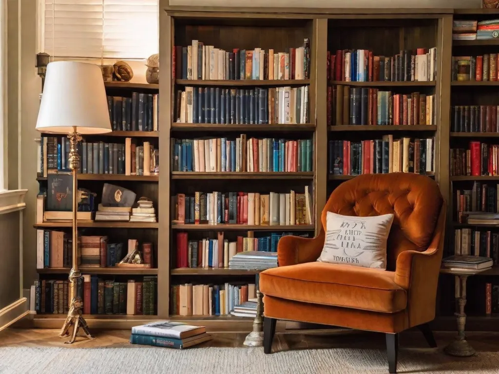 Uma imagem de um cantinho aconchegante para leitura com uma estante cheia de 10 livros clássicos, incluindo