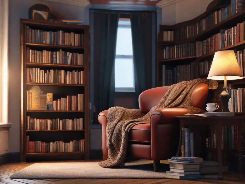 Uma imagem de um cantinho aconchegante para leitura com uma estante cheia dos 10 livros que você precisa ler antes de morrer. A imagem mostra uma poltrona confortável, uma manta quentinha e uma xícara de chá, convidando os leitores a se envolverem nessas obras-primas literárias.