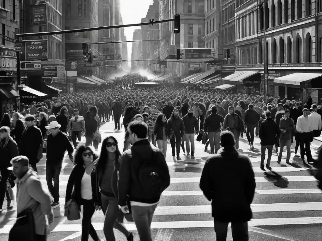 Uma imagem em preto e branco de uma rua movimentada e lotada da cidade, com pessoas caminhando rapidamente em diferentes direções. A foto captura a agitação da vida urbana, mostrando a diversidade e anonimato das pessoas em uma metrópole movimentada.