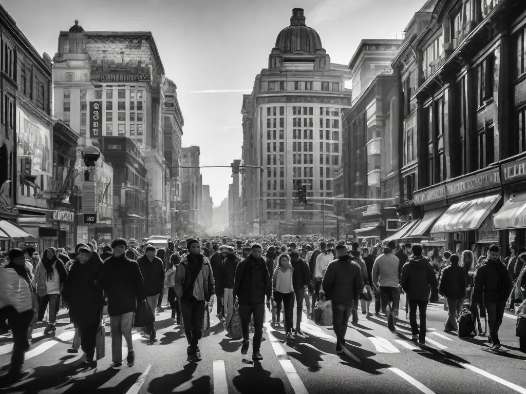 Uma imagem em preto e branco de uma rua movimentada e lotada da cidade, com pessoas caminhando rapidamente em diferentes direções. A foto captura a agitação da vida urbana, mostrando a diversidade e anonimato das pessoas em uma metrópole movimentada.