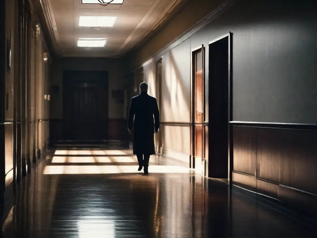 Uma imagem sombria e assustadora de um corredor fracamente iluminado, com luzes tremeluzentes lançando longas sombras. Uma figura é vista ao longe, parcialmente obscurecida pela escuridão, criando uma intensa sensação de suspense e antecipação. A atmosfera está cheia de tensão, deixando você sem fôlego de antecipação.