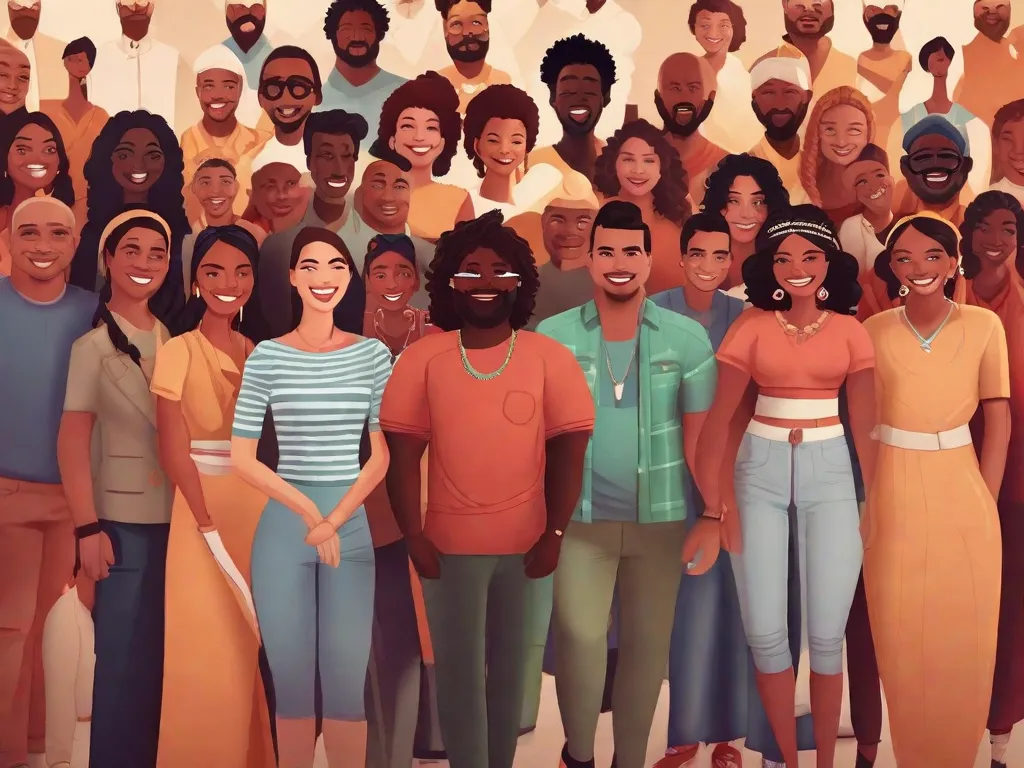 Descrição da imagem: Um grupo diverso de pessoas está em pé juntas, representando diferentes raças, gêneros e culturas. Elas estão de mãos dadas e sorrindo, simbolizando união e quebrando preconceitos e estereótipos. A imagem transmite uma mensagem de inclusão, aceitação e valorização da diversidade.
