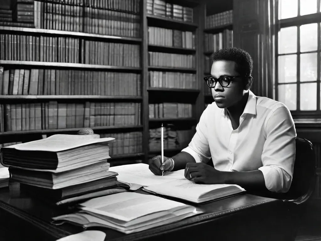 Descrição da imagem: Uma fotografia em preto e branco de uma pessoa sentada em uma mesa, cercada por pilhas de livros. A pessoa está pensativa, com uma caneta na mão, enquanto escreve sua própria biografia impactante. A imagem representa o poder da narrativa e a capacidade das biografias de inspirar e deixar um impacto duradouro nos leitores.