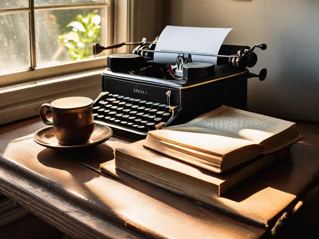 Uma máquina de escrever antiga repousa em cima de uma escrivaninha de madeira, cercada por cópias desgastadas de literatura clássica. A luz do sol entra por uma janela próxima, lançando um brilho quente nas páginas de livros como