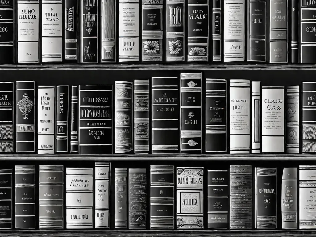 Uma imagem em preto e branco de uma estante aconchegante cheia dos 10 livros clássicos, cuidadosamente arranjados em uma fileira. Os títulos nas lombadas são claramente visíveis, exibindo as joias literárias que todo mundo deveria ler. A imagem transmite uma sensação de curiosidade intelectual e convida os leitores a embarcarem em uma jorn
