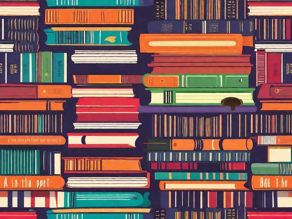 Descrição da imagem: Uma estante de livros vibrante e colorida, cheia de sete livros empilhados um em cima do outro. Cada livro possui uma capa com um design único, representando diferentes aspectos da criatividade, como arte, escrita, música e inovação. Os livros estão abertos, revelando páginas cheias de citações inspiradoras, exercícios que provocam reflexão e belas il