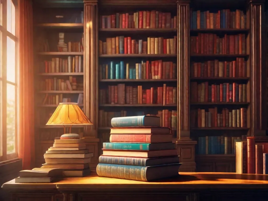 Descrição: Uma estante de livros antiga cheia de livros coloridos, cada um contando uma história diferente. Os livros estão empilhados de forma desordenada, criando uma sensação de aventura e curiosidade. A luz do sol atravessa a janela, lançando um brilho quente nos livros, convidando os leitores a se envolverem nas histórias cativantes contidas neles.