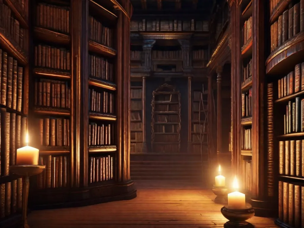 Na imagem, uma antiga estante de livros se destaca, repleta de livros místicos adornados com capas de couro desgastadas. Os livros retratam símbolos intricados e hieróglifos, sussurrando os segredos dos deuses antigos. A luz suave das velas lança um brilho misterioso, convidando os leitores a desvendar o conhec